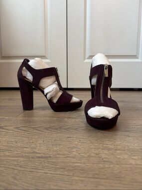 MICHAEL Michael Kors Plum Suede Platform Block Heels with Front Zipper